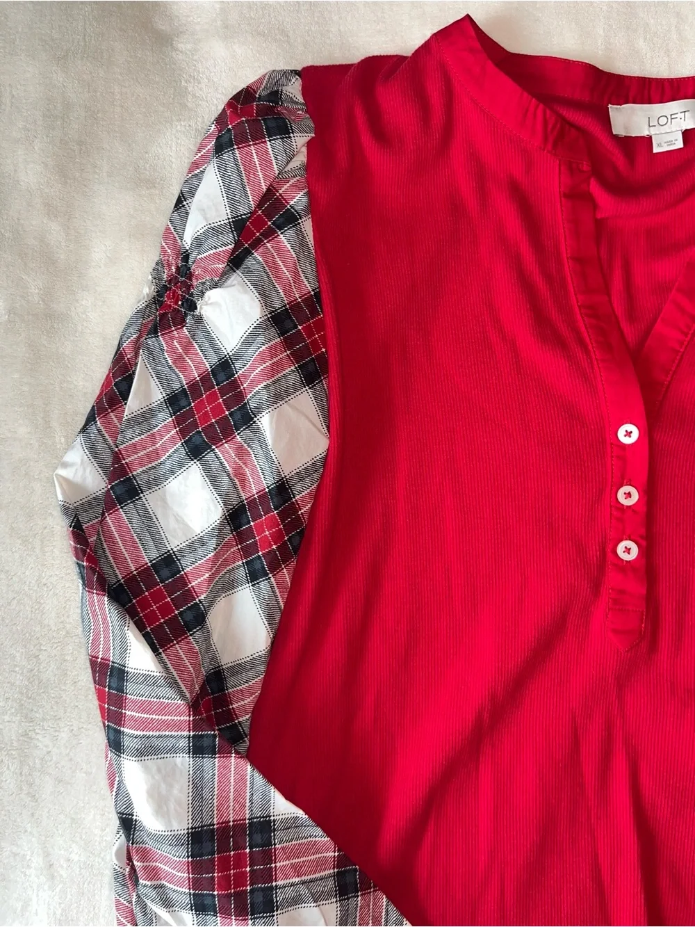 LOFT Red Henley Top with Plaid Puff Sleeves Mixed Media V Neck Buttons Sz XL